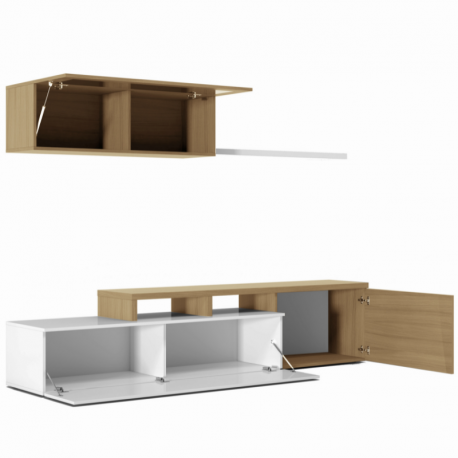 Mueble salón Nexus modular roble canadian y blanco brillo