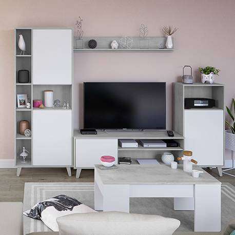 Mueble de salón modular Zoe color blanco y cemento