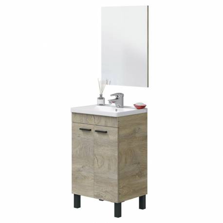 Pack baño roble Alaska mueble, espejo y columna (Incluye Lavabo y Espejo)