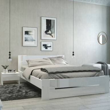 Dormitorio Matrimonio Completo Asimetric blanco y sahara con LED (mesitas 2  o 3 cajones)