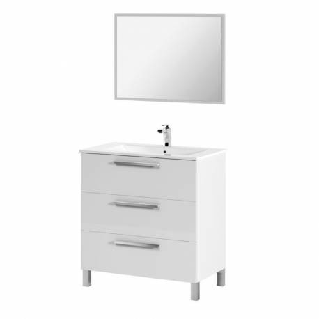 Pack Muebles Baño Blanco brillo (Mueble+espejo+lavabo cerámico+columna auxiliar)
