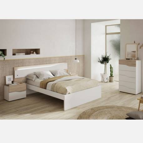 Pack Dormitorio Matrimonio Completo en Blanco y Roble Canadian  (cama135-150cm + Armario + Cabezal con