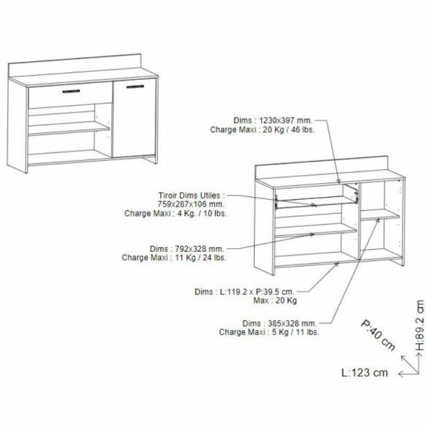 Mueble auxiliar cocina Melamina Madera claro - Negro 123x90x40