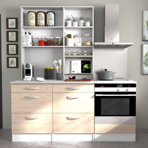 Cocina modular completa Melamina Blanco - Madera claro 180x60