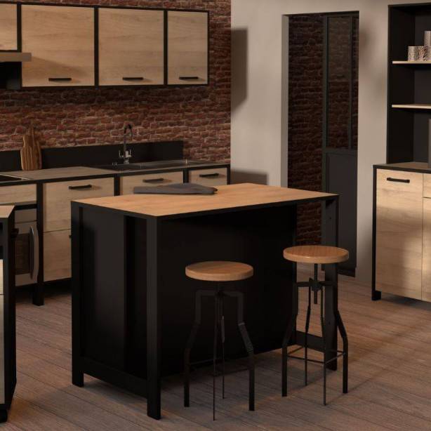 Isla cocina Melamina Madera claro - Negro 123x94x70