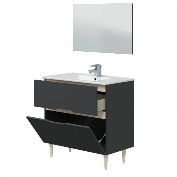 Mueble baño con lavabo Melamina Gris - Madera Claro 80x80x45