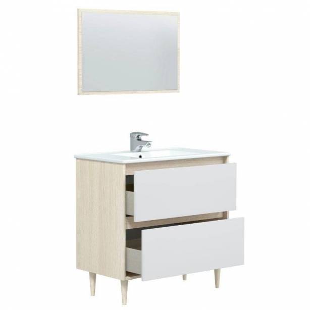 Mueble baño con lavabo Melamina Blanco - Madera claro 80x80x45