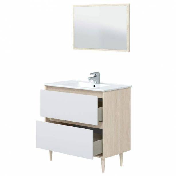 Mueble baño con lavabo Melamina Blanco - Madera claro 80x80x45