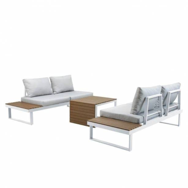 Conjunto 2 sofás 1 rinconero y mesa de centro exterior Aluminio Blanco - Marrón