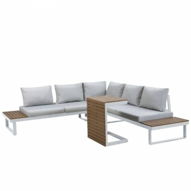 Conjunto 2 sofás 1 rinconero y mesa de centro exterior Aluminio Blanco - Marrón