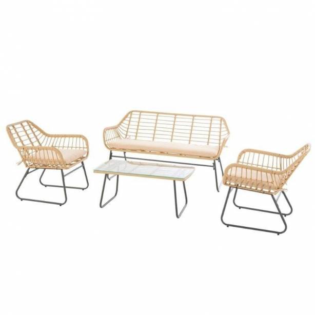 Conjunto 1 Sofá 2 Sillones y mesa de centro exterior Acero Madera claro