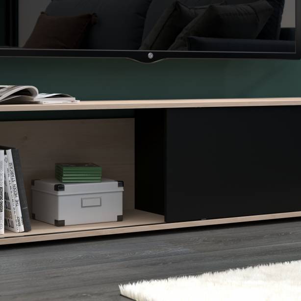 Mueble TV Melamina Negro - Madera Claro 155x43x40